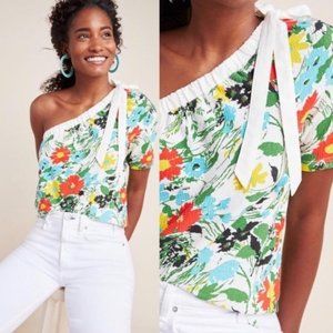 Anthro White Larsa One Shoulder Floral Blouse